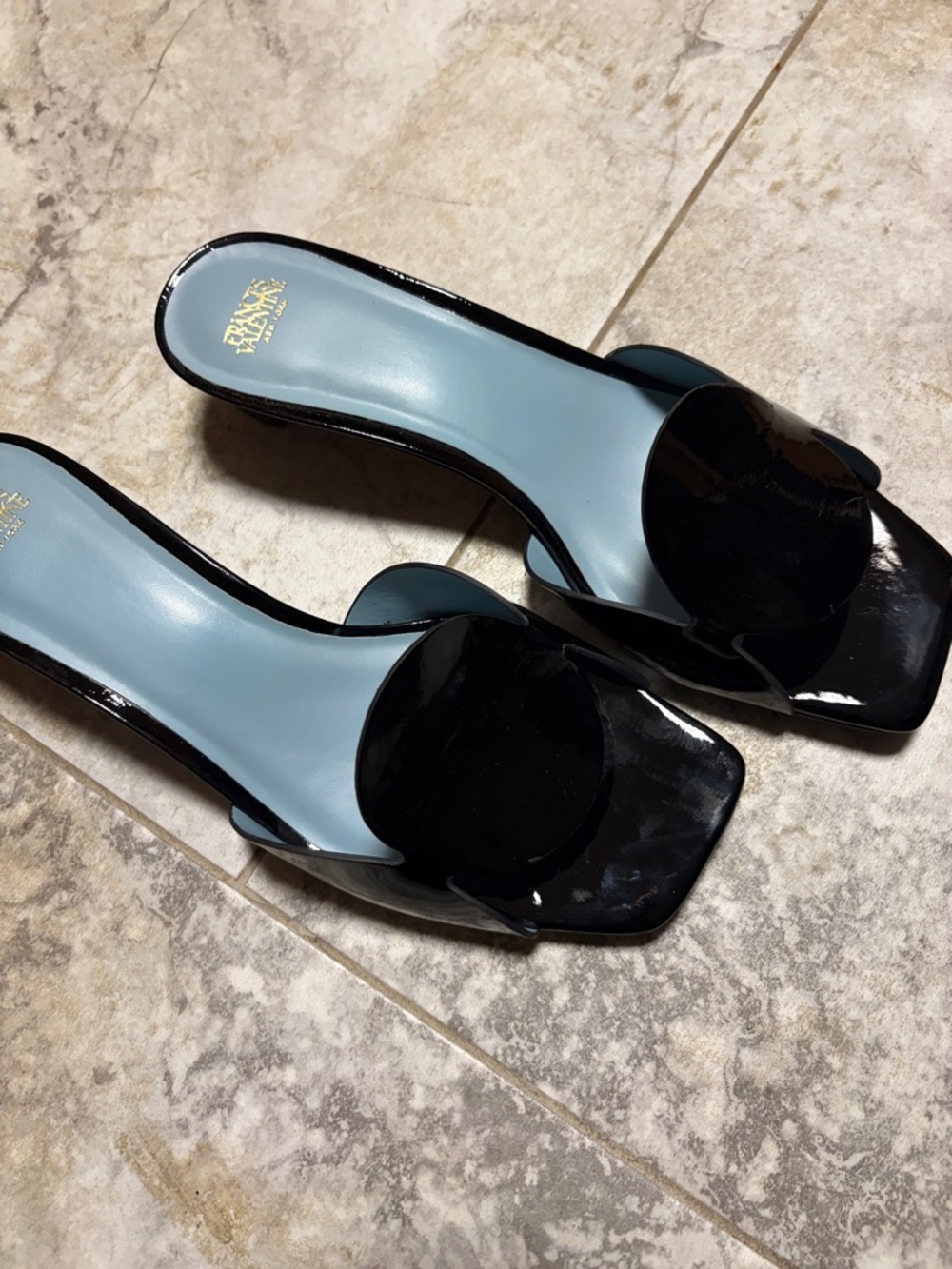France’s Valentine Black Patent Slide Sandals with Circular Accent - NWT 10
